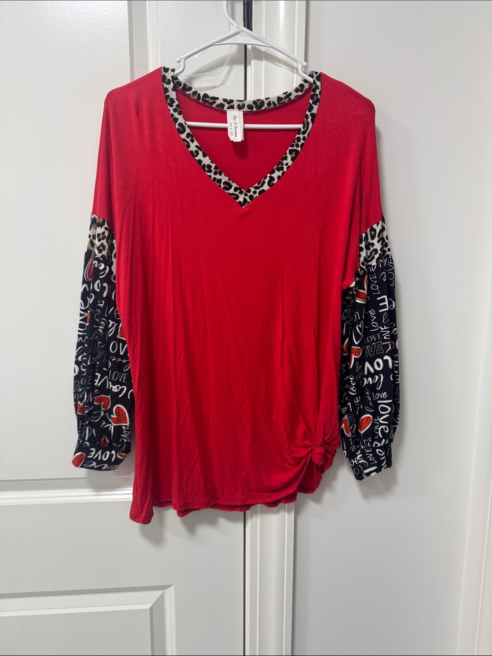 Red V-Neck Long Sleeve Top with Printed Sleeves